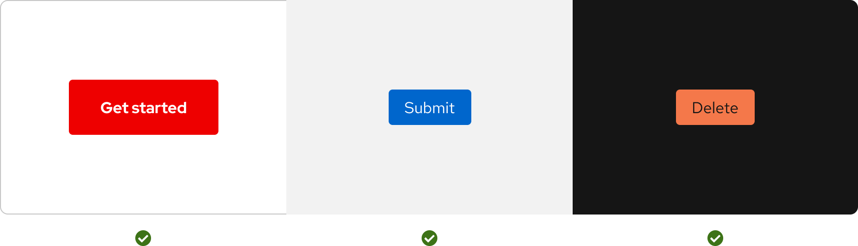 Red CTA against a white background, blue button against a light gray background, and a light red-orange button against a black background