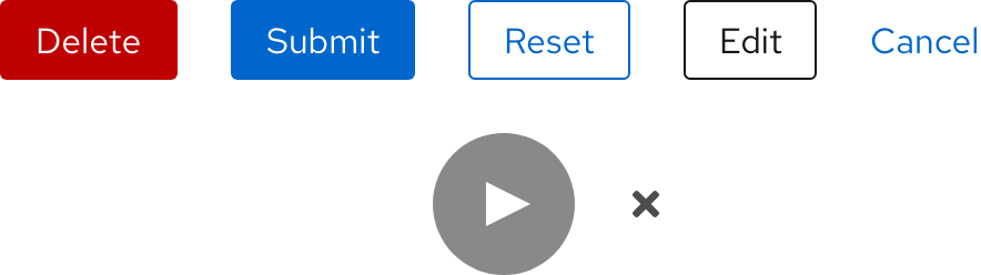 Image of Danger, Primary, Secondary, Tertiary, and Link buttons in the first row and Play and Close buttons in the second row