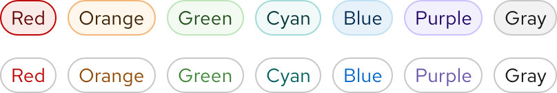 Two rows of tags; the top row is ‘Filled’ tags and the bottom row is ‘Unfilled’ tags; from left to right, both rows of tags include red, orange, green, cyan, blue, purple, and gray colors